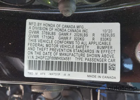 2021 Honda Civic Lx z USA, uszkodzony, nr VIN 2HGFC2F66MH504581